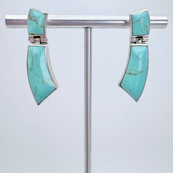Fine Silver Turquoise Bezel Set Dangle Earrings Butterfly Closure 1.25" Length - Picture 1 of 9